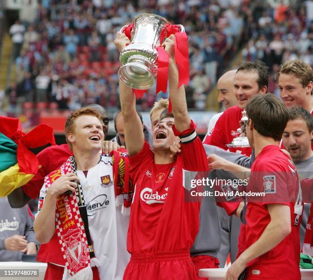 Steven Gerrard celebrating after beating West Ham in the FA Cup Final at the Millennium Stadium in Cardiff Wales 13th May 2006.