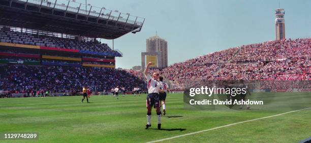 Alan Shearer punches the air as England win the match after England v Tunisia at the Stade Velodrome, Marseille during the FIFA World Cup in France...