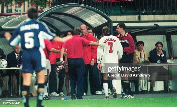 David Beckham is sent off during FIFA World Cup in France at the State Geoffory-Guichard in Saint-Etienne 30th June 1998.