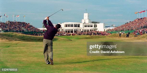 Mark O'Meara plays his shot on the 18th hole to the green to win the open after a play off with Brian Watts at the 127th British Open Golf at Royal...