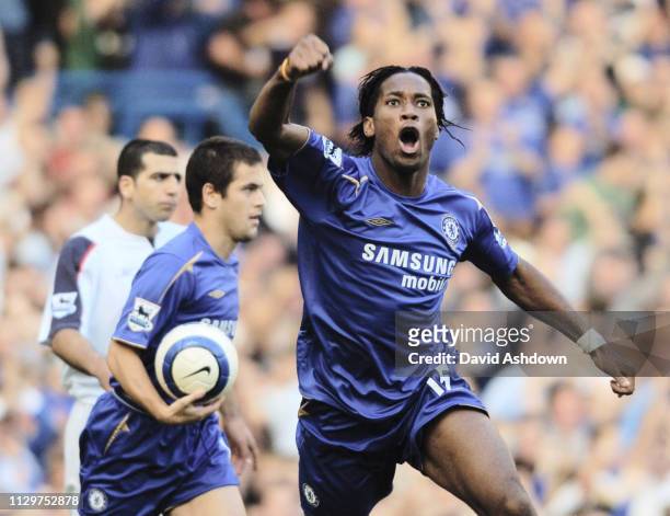 Didier Drogba celebrates after scoring Chelsea v Bolton Wanderers Premier League at Stamford Bridge 15th October 2005.
