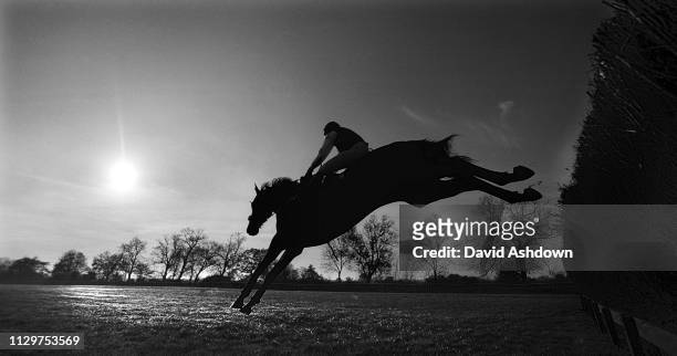 National Hunt Horse Racing at Warwick Race Course B&W atmospheric 19th November 1998.
