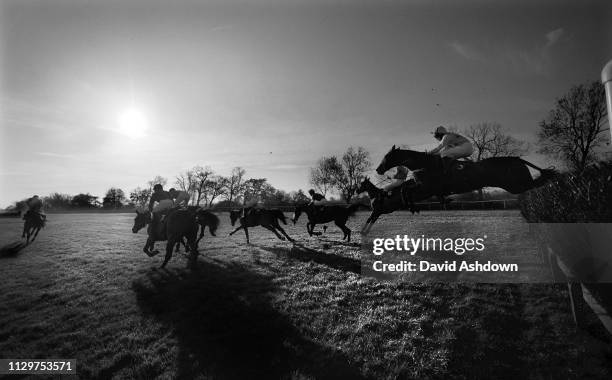 National Hunt Horse Racing at Warwick Race Course B&W atmospheric 19th November 1998.