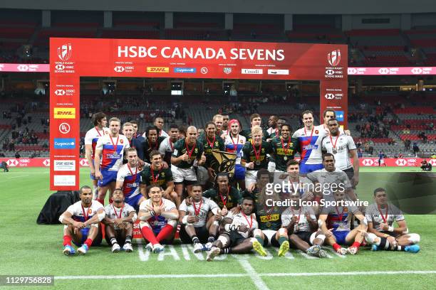 Top three teams, South Africa gold - France silver - Fiji bronze - of the 2019 Canada Sevens Rugby Tournament on March 10, 2019 at BC Place in...