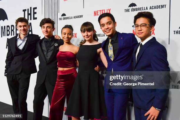 Cameron Brodeur, Dante Albidone, Eden Cupid, T.J. McGibbon, Blake Talabis and Ethan Hwang attend the premiere of Netflix's 'The Umbrella Academy' at...