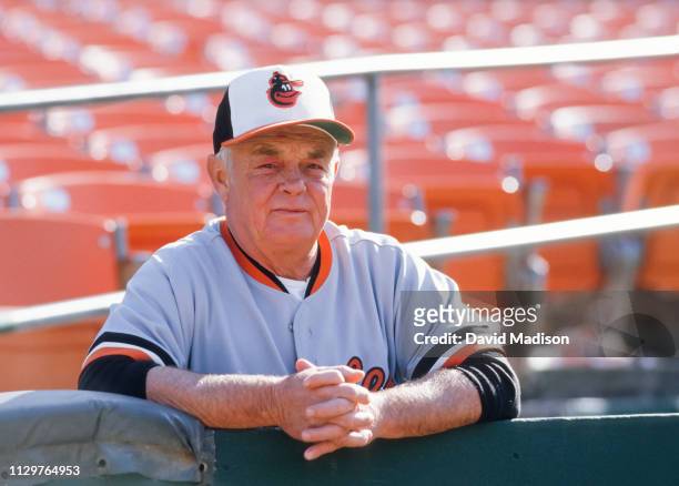 Earl Weaver, Manager of the Baltimore Orioles, waits before a Major League Baseball game against the Oakland A's played in 1986 at the...
