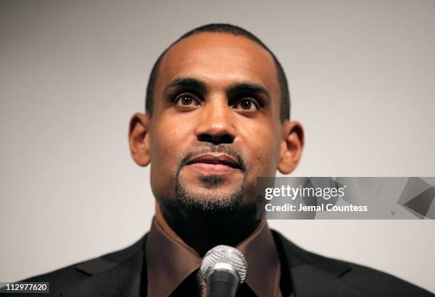 Executive Producer and NBA Player Grant Hill speaks during the intro of a screening of "Starting At The Finish Line: The Coach Buehler Story" at...