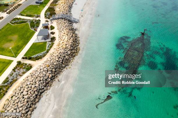people snorkeling around a shipwreck - coogee beach imagens e fotografias de stock