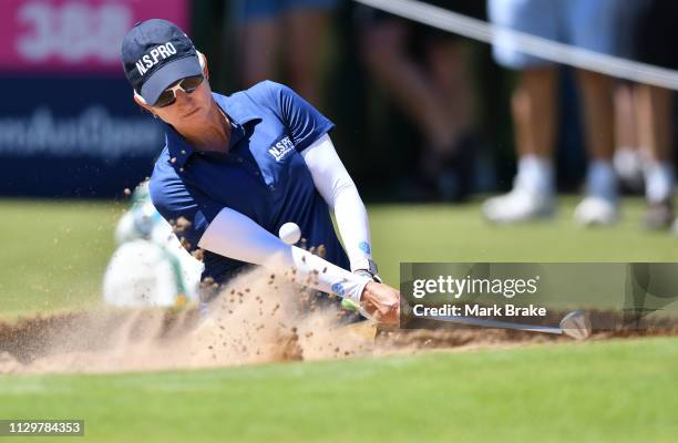 Karrie Webb of Australia hits out of a bunkrer during day two of the 2019 ISPS Handa Women's Australian Open The Grange GC on February 15, 2019 in...