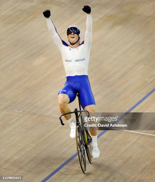 Chris Hoy celebrates after winning gold in the Keirin at the Summer Olympic Games in Beijing China 16th August 2008.