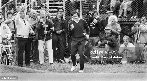 Seve Ballesteros after the final shot to win the Open by beating Nick Price at Royal Lytham St Annes, England. 18th July 1988.