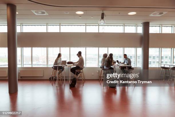 full length of high school students studying at desks by window in cafeteria - college canteen bildbanksfoton och bilder