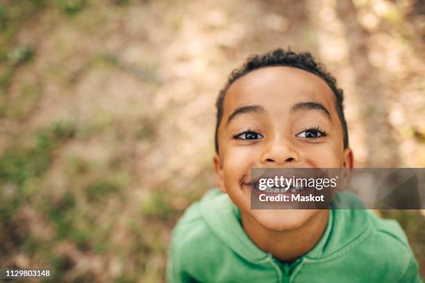 high angle view of smiling boy with gap toothed in park - spleetje stockfoto's en -beelden