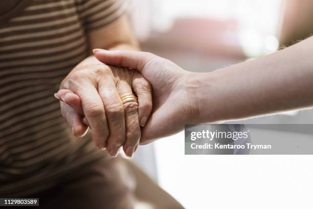 cropped image of home caregiver holding hand of senior woman - weakness bildbanksfoton och bilder