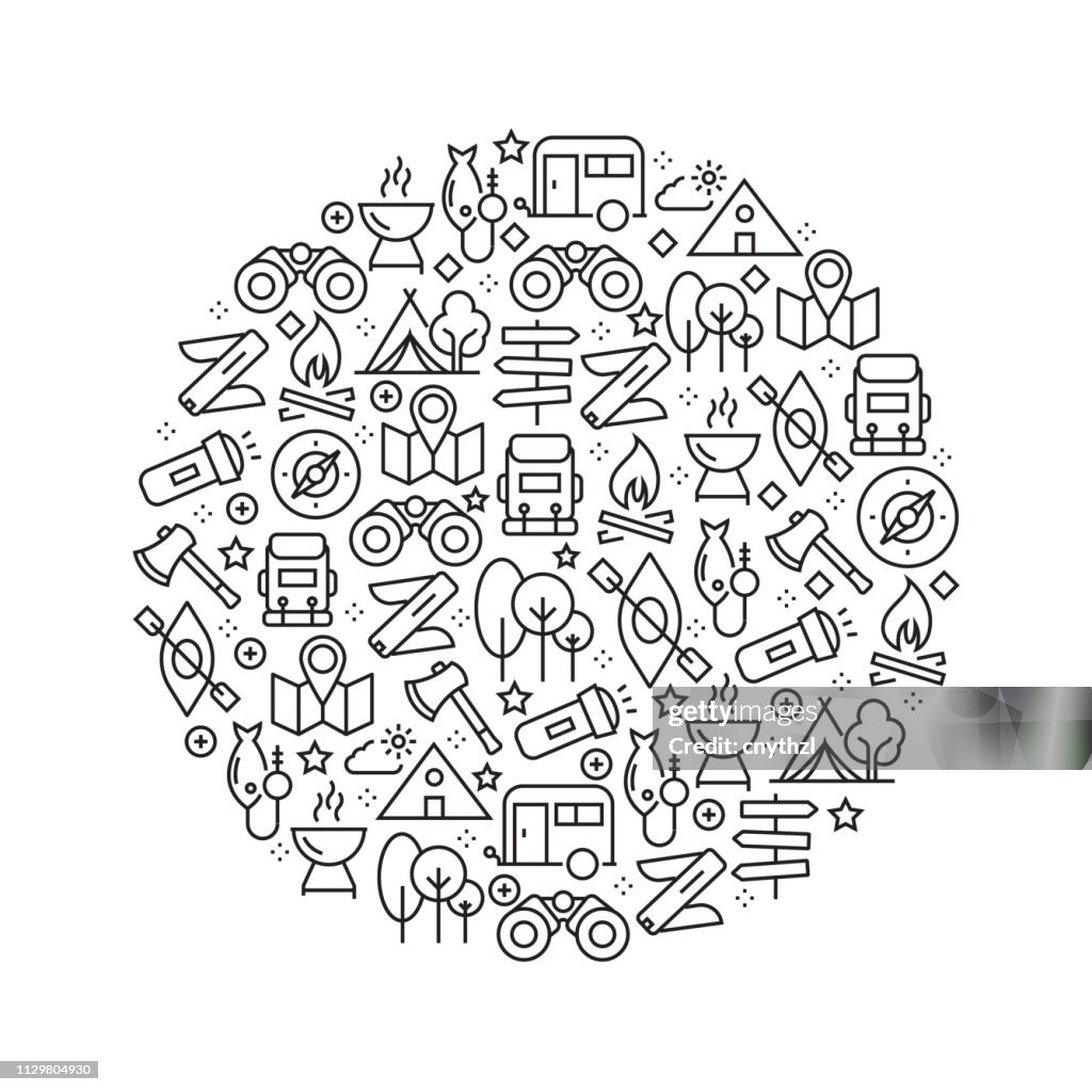 Camping Concept - Black and White Line Icons, Arranged in Circle