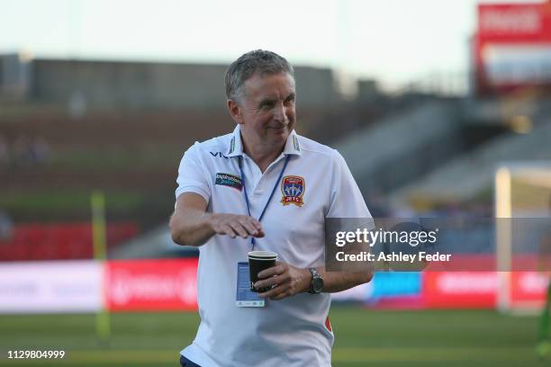 Ernie Merrick coach of the Newcastle Jets looks on during the round 19 A-League match between the Newcastle Jets and Melbourne City at McDonald Jones...