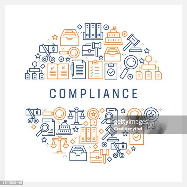 compliance concept - colorful line icons, arranged in circle - check mark in circle stock illustrations