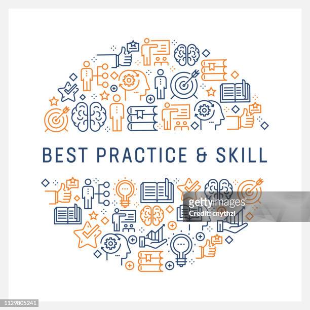 best practice and skill concept - colorful line icons, arranged in circle - learning objectives text stock illustrations