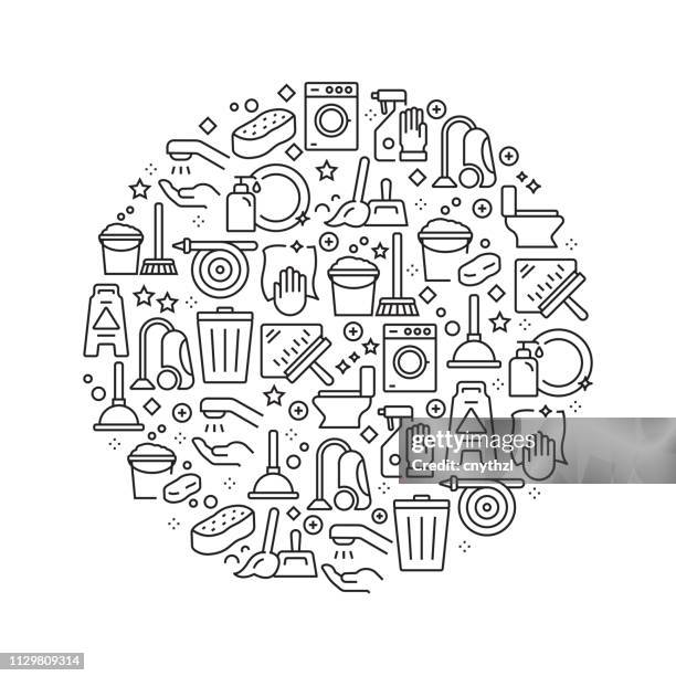 illustrazioni stock, clip art, cartoni animati e icone di tendenza di concetto di pulizia - icone della linea in bianco e nero, disposte in cerchio - madre casalinga