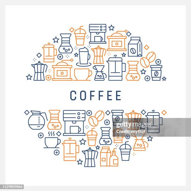 coffee related concept - colorful line icons, arranged in circle - sacks coffee stock illustrations