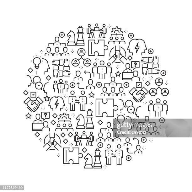 collaboration concept - black and white line icons, arranged in circle - engineering partner icon stock illustrations