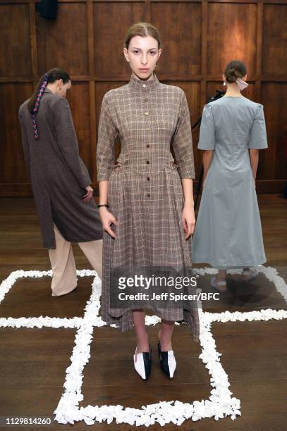 Model poses at the Gayeon Lee Presentation during London Fashion Week February 2019 on February 15, 2019 in London, England.