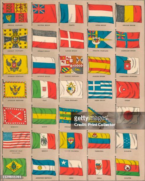 Flags of the world, 1889. Flags, standards and ensigns. From "Encyclopaedia Britannica, Ninth Edition". [1889]. Artist W & AK Johnston.
