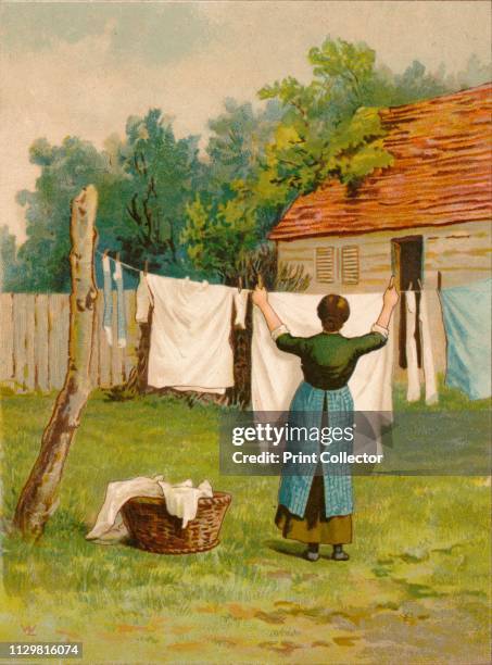 Woman hanging up washing, late 19th-early 20th century?. Artist Unknown.