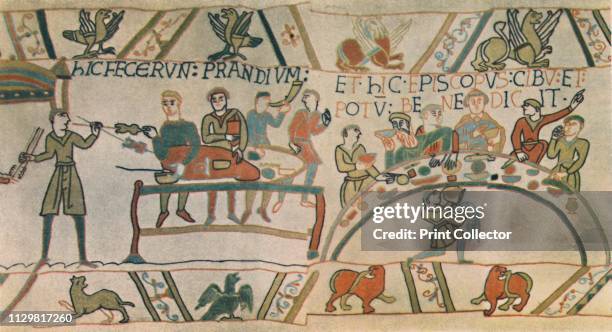 Feast. Detail from the Bayeux Tapestry, late 11th century', . Scene from the embroidery depicting the Norman Invasion of England in 1066. King...