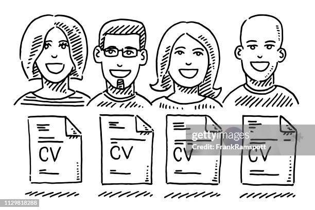 job candidates portraits cv document drawing - cv stock illustrations