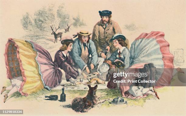 Victorian Picnic', circa 1860, . A family having an al fresco meal. As the women recline, their full skirts reveal their bloomers underneath - a...