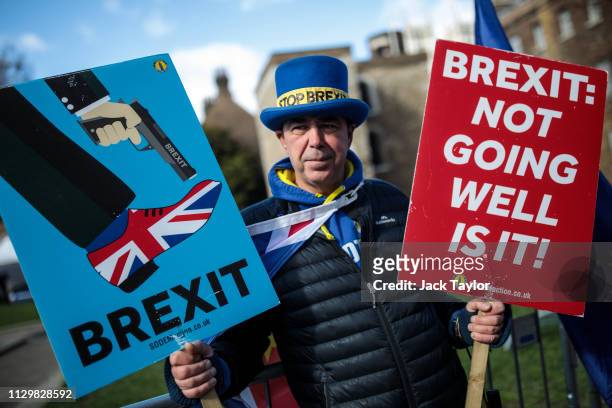 Anti-Brexit protester Steve Bray demonstrates outside the House of Parliament on March 11, 2019 in London, England. Talks between the UK and the EU...