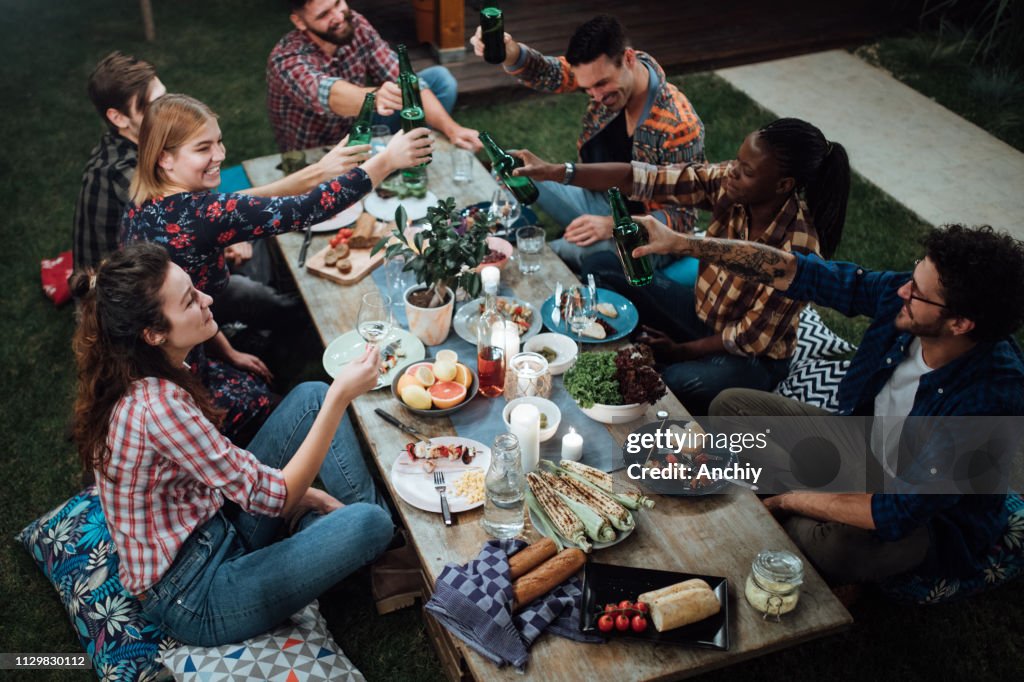 Friends toasting with wine and beer at rustic dinner party