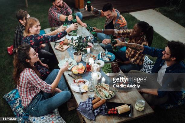 friends toasting with wine and beer at rustic dinner party - reunião de amigos imagens e fotografias de stock