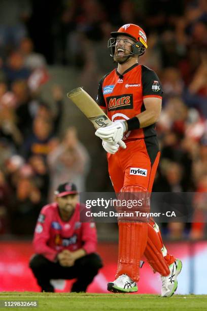 Dan Christian of the Renegades celebrates the winning runs during the Big Bash League semi final between the Melbourne Renegades v Sydney Sixers at...