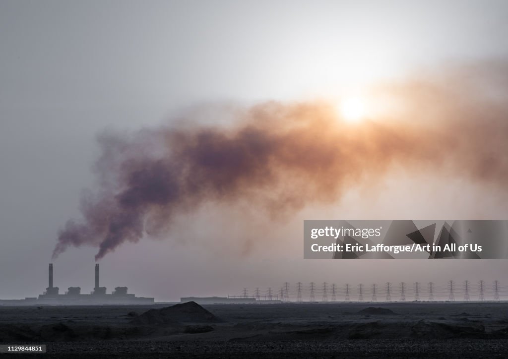 Smoke emitting from seawater desalination plant, Jizan Province, Jizan, Saudi Arabia...