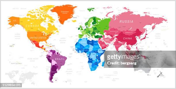 ilustrações, clipart, desenhos animados e ícones de mapa mundial com a américa do norte, américa do sul, áfrica, europa, ásia e oceania continentes. ilustração vetorial - world map