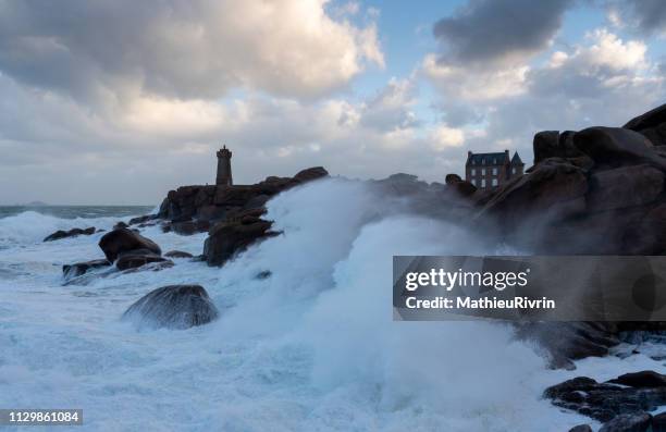 storm in ploumanach and the "cote de granite rose" - impression forte stock pictures, royalty-free photos & images