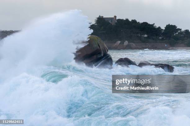 storm in ploumanach and the "cote de granite rose" - impression forte stock pictures, royalty-free photos & images