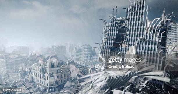 nucleaire winter stedelijk landschap - nuclear fallout stockfoto's en -beelden