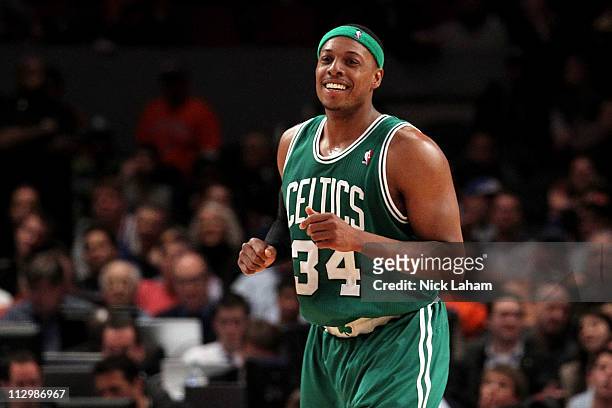 Paul Pierce of the Boston Celtics reacts against the New York Knicks in Game Three of the Eastern Conference Quarterfinals in the 2011 NBA Playoffs...