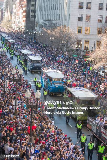 February 4, 2019: Large crowds line Boylston Street for the New England Patriots Super Bowl LIII rolling rally victory parade on Tuesday, February 5,...