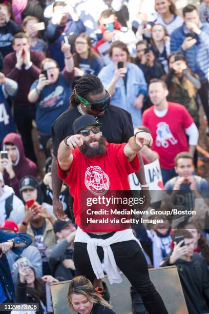 February 4, 2019: New England Patriot Julian Edelman interacts with fans during the New England Patriots Super Bowl LIII rolling rally victory parade...