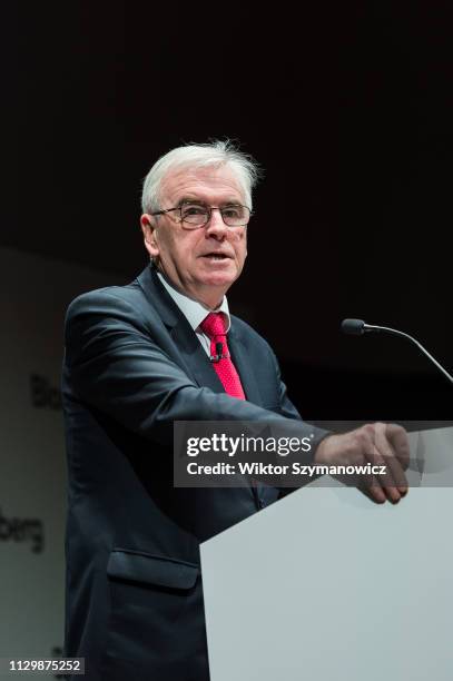 Shadow Chancellor John McDonnell addresses business leaders at Bloomberg in the City of London ahead of Chancellor Philip Hammonds Spring Statement...