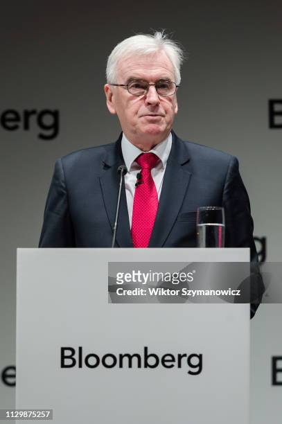 Shadow Chancellor John McDonnell addresses business leaders at Bloomberg in the City of London ahead of Chancellor Philip Hammonds Spring Statement...