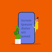 Young female character peeping out from behind the smartphone. Presentation. Template. Lorem ipsum. Your text here. Flat editable vector illustration, clip art