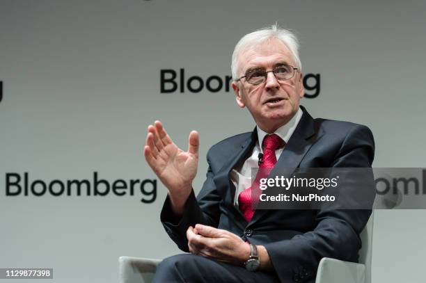 Shadow Chancellor John McDonnell addresses business leaders at Bloomberg in the City of London on 11 March ahead of Chancellor Philip Hammonds Spring...