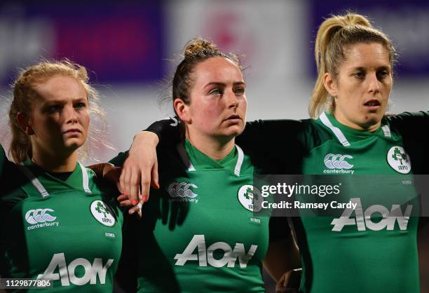 Dublin , Ireland - 9 March 2019; Kathryn Dane, left, Nicole Fowley, centre, and Alison Miller of Ireland during the Women's Six Nations Rugby...