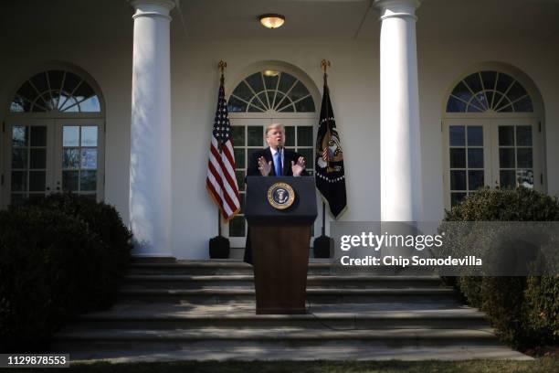 President Donald Trump speaks on border security during a Rose Garden event at the White House February 15, 2019 in Washington, DC. Trump said he...