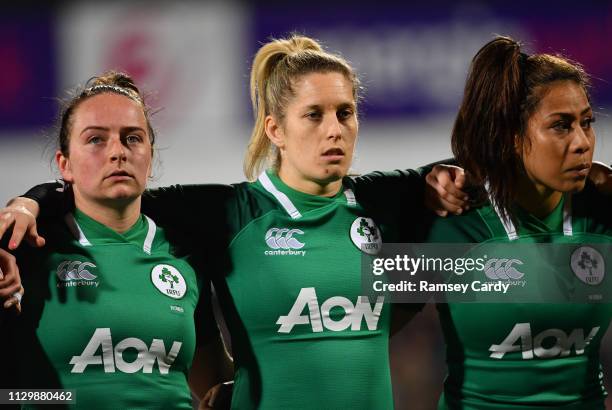 Dublin , Ireland - 9 March 2019; Nicole Fowley, left, Alison Miller, centre, and Sene Naoupu of Ireland during the Women's Six Nations Rugby...